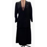 Vintage black wool suit labelled 'Hamper & Fry, Cirencester' and a check full length woollen coat