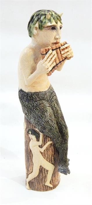 Amanda Popham (b.1954) figure of Pan from the Greek Myths Series, figure of Pan seated on tree stump - Image 2 of 6