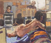 Eric Ward (1945) Acrylic on board  "The Life Room, St Ives", artist's painting of nude female