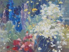 Unattributed Gouache "The Garden Summertime", labelled verso, 18.5cm x 24.5cm  Re: Enquiry - Vintage