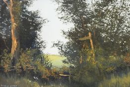 Pamela Derry Oil on canvas 'The late hour lingered' Country scene with path and stile, signed