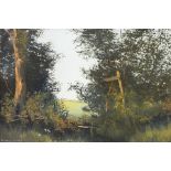 Pamela Derry Oil on canvas 'The late hour lingered' Country scene with path and stile, signed