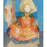 Carlos Mendez (Buenos Aires 1943)  Oil on canvas  "Menina" in bright colours on turquoise ground,