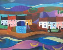 Diane S Griffiths  Acrylic on board "The Mermaid", water front with houses, 33cm x 41cm
