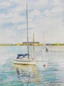 Gillean Whitaker  Watercolour drawing Sailing vessel on buoyed mooring, signed, 29cm x 20cm