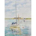 Gillean Whitaker  Watercolour drawing Sailing vessel on buoyed mooring, signed, 29cm x 20cm