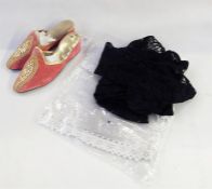 Pair of Moroccan velvet and gold thread embroidered mules, a lace bolero and a net veil trimmed with