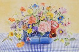 Gillean Whitaker  Watercolour drawing  Still life study of flowers, roses, poppies, pansies,