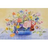 Gillean Whitaker  Watercolour drawing  Still life study of flowers, roses, poppies, pansies,