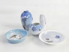 Royal Copenhagen model owl, two Royal Copenhagen small vases and two Royal Copenhagen china pin