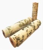 Three wooden wallpaper printing rollers, wooden with relief carved foliate designs, 76cm and 54cm