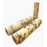 Three wooden wallpaper printing rollers, wooden with relief carved foliate designs, 76cm and 54cm