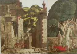 After Simon Palmer (b.1956) Handcoloured etching  "Escape to the Country", figures in car outside