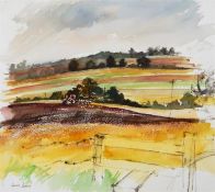Lewis Davies  Watercolour drawing  Farmland scene with tractors, signed, 38.5cm x 42cm (unframed)