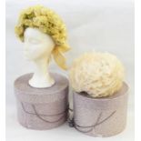 Late 1960's petal chiffon hat and another similar made with feathers, both with hat boxes, marked '