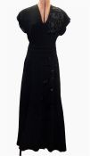 1940's black crepe evening dress with slight train, embroidered on the left shoulder in sequins,