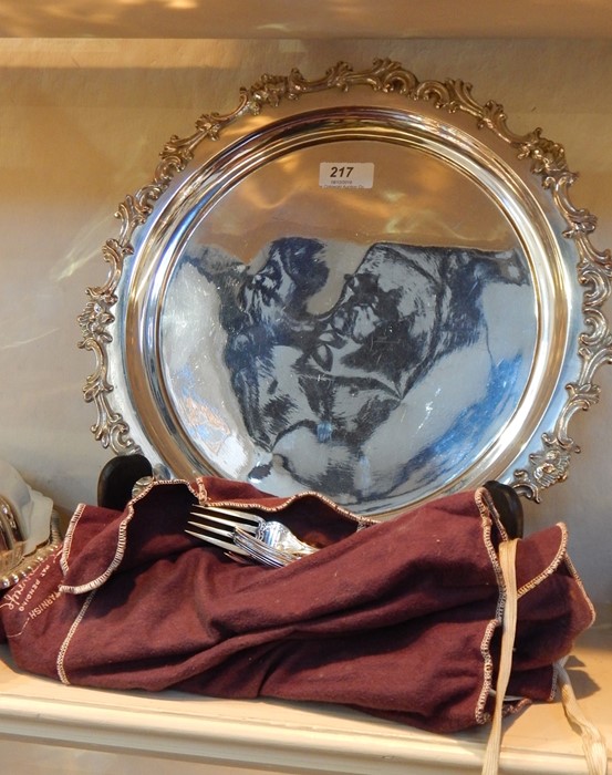 Large silver plated tray, rococo style and a quantity of silver plated fish knives and forks with