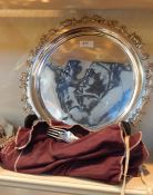 Large silver plated tray, rococo style and a quantity of silver plated fish knives and forks with