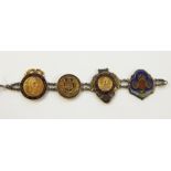 Bracelet having four 1920's and later sporting medallions, to include 9ct gold cross country and