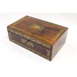 Regency brass inlaid rosewood writing slope having floral scroll inlaid borders and panels, the