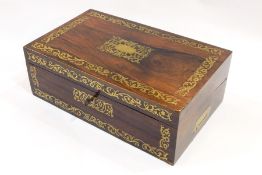 Regency brass inlaid rosewood writing slope having floral scroll inlaid borders and panels, the