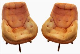 Pair of 1970's Vono swivel and tilt armchairs, having button back and seat, in rust dralon, on