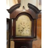 George III inlaid mahogany longcase clock with broken arched pediment, dentil cornice, the steel