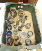 Quantity of 19th century pewter including mustard pots, pepper pots, tankards, measures, spoons, etc