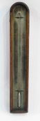 Antique stained wooden cased thermometer with arched top and steel dial, 29cm