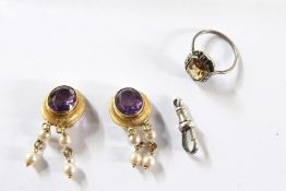 Pair of textured gold, amethyst and pearl drop earrings, the textured gold rubover setting to oval