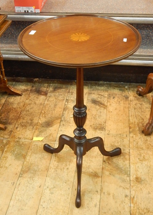 Edwardian inlaid mahogany tripod table, circular, with circular fan pattera, on scroll tripod