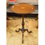 Edwardian inlaid mahogany tripod table, circular, with circular fan pattera, on scroll tripod