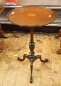 Edwardian inlaid mahogany tripod table, circular, with circular fan pattera, on scroll tripod