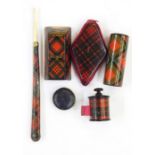 Various tartan mauchlinware items including a nib holder marked 'Prince Charlie Loch Lomond' with
