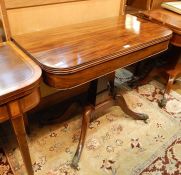 Georgian style mahogany foldover swivel top tea table, square with curved corners, on rectangular