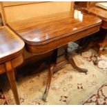 Georgian style mahogany foldover swivel top tea table, square with curved corners, on rectangular