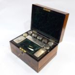 Victorian mother of pearl inlaid figured walnut vanity box, with silver plated cut glass toilet