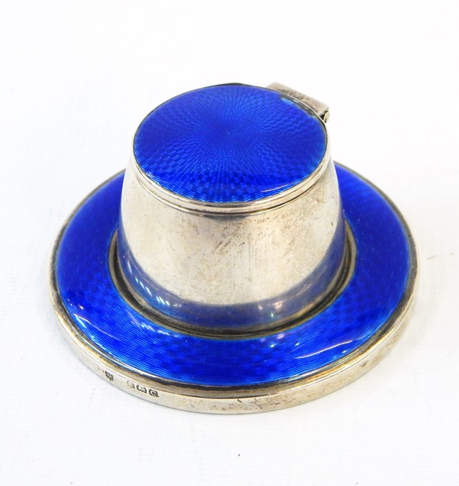 20th century and blue enamel inkwell with clear glass liner, Birmingham 1927, makers stamp