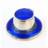 20th century and blue enamel inkwell with clear glass liner, Birmingham 1927, makers stamp