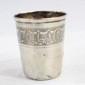 Old French silver-coloured metal beaker of typical form and having engine-turned band with swags and