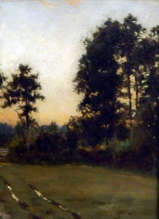 Unattributed Oil on board  Rural scene with field, fir trees and a gate far left, labelled verso ' - Bild 2 aus 2