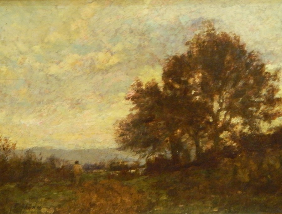 A Borne(?) Oil on board Rural scene, figure with cows beyond, 25cm x 33cm