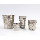 Old continental silver-coloured metal beaker with engraved stylised floral decoration, antique