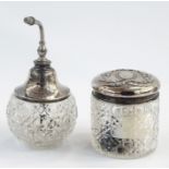 Cut glass and silver lidded trinket box, a cut glass and silver-mounted scent bottle and a yellow