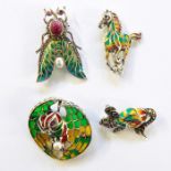 Four silver plique a jour marcasite and semi-precious stone brooches, three with pendant mounts,