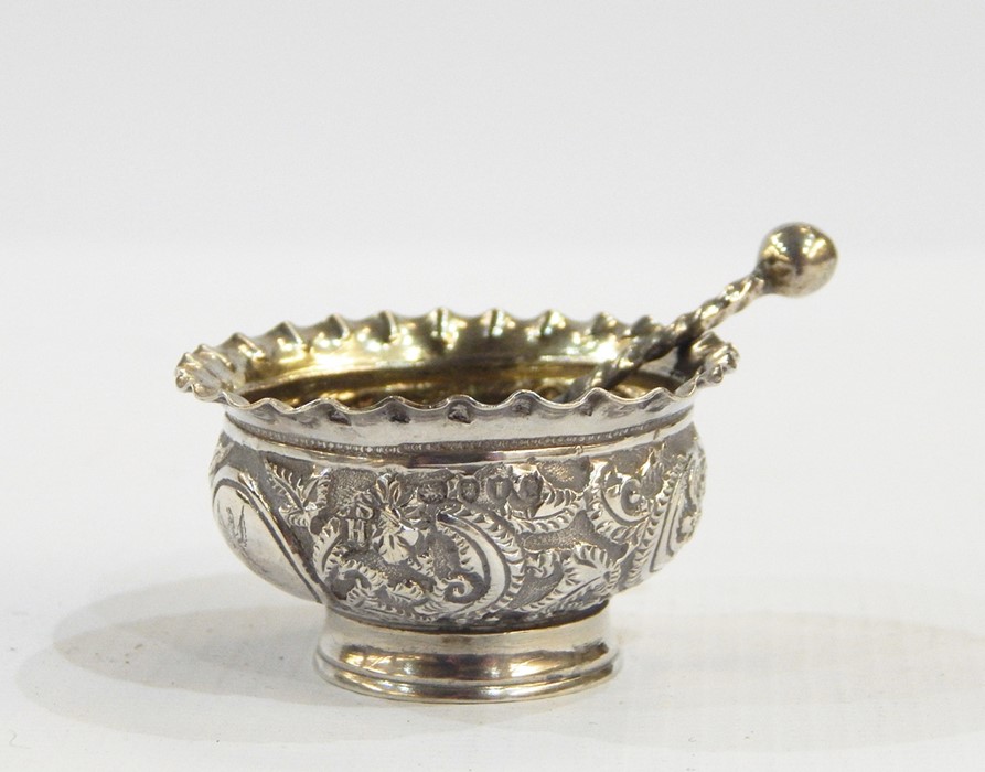 Set of four Victorian silver personal salts and matching spoons, London 1884, each scroll repousse - Image 2 of 2