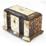 Victorian mother-of-pearl and tortoiseshell tea caddy, the cushion-shaped top with lozenge mother-