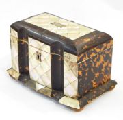 Victorian mother-of-pearl and tortoiseshell tea caddy, the cushion-shaped top with lozenge mother-