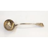 Victorian silver soup ladle, fiddle pattern with crest of burning tower, London 1856, 8oz approx