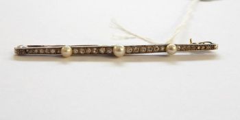 19th century diamond and pearl bar brooch, the central pearl flanked by six graduated brilliant